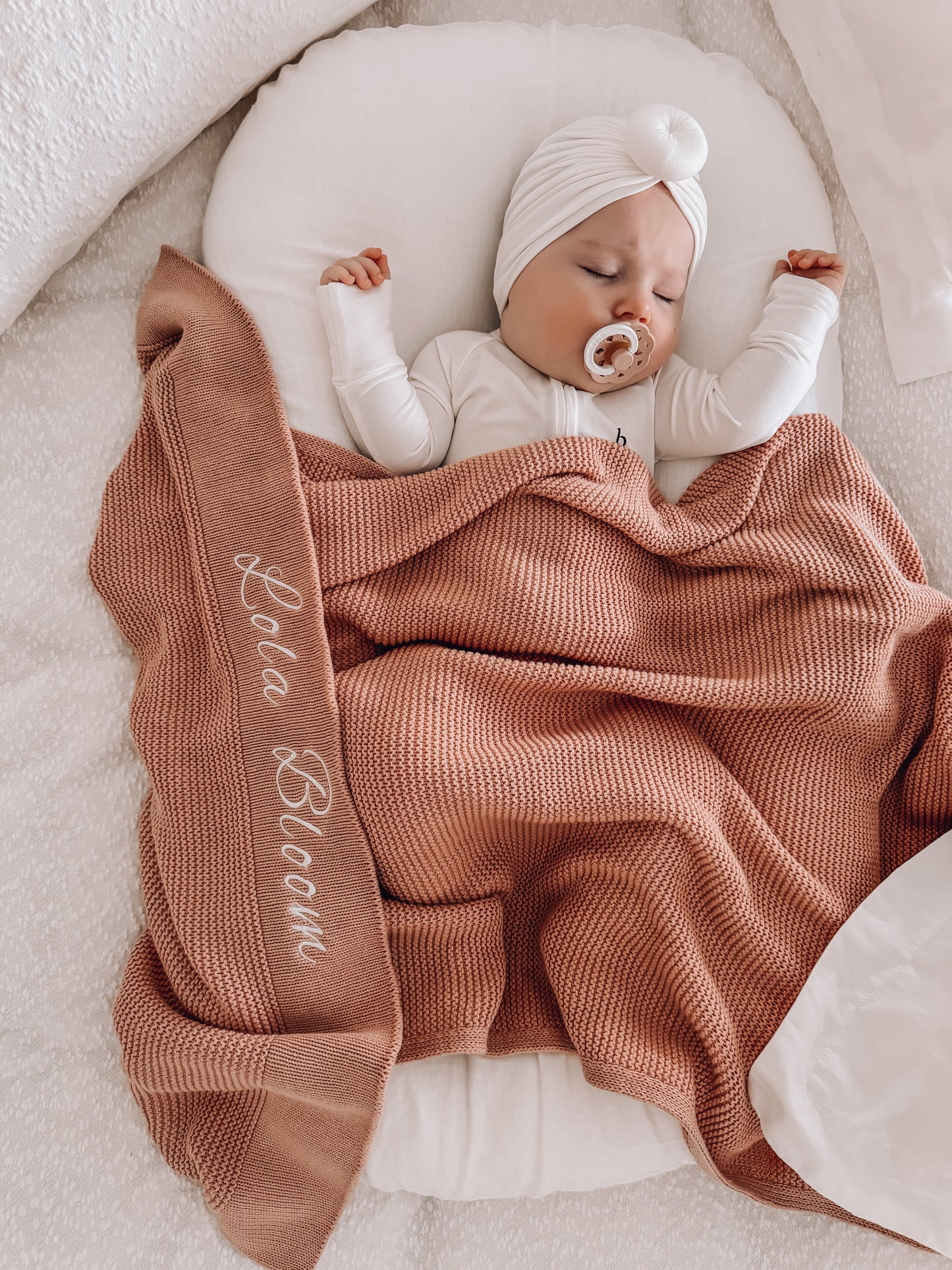 Coral Pink Knitted Personalised Baby Blanket