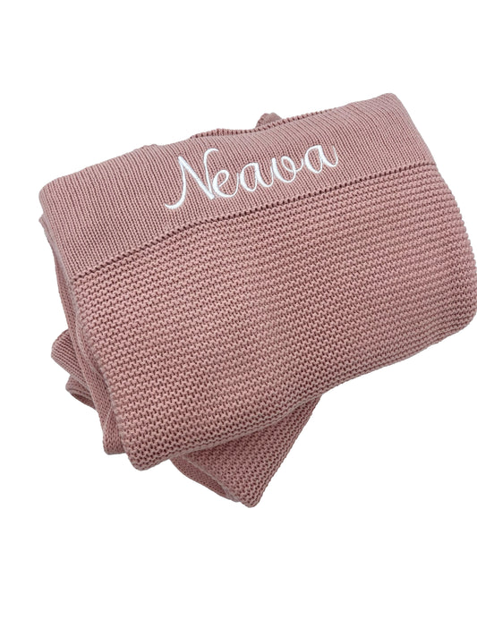 Coral Pink Knitted Personalised Baby Blanket, Top angle 